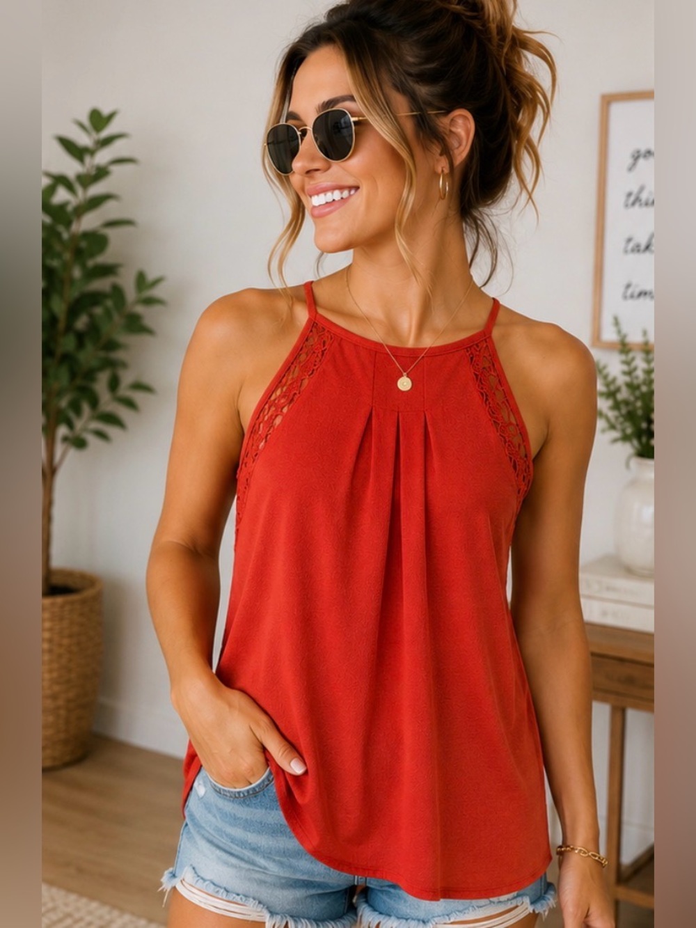 628 Candie’s Red High Neck Lace Trim Tank Top XS Sleeveless Hi Low Hem Blouse